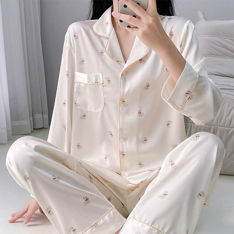 Women's Autumn/Winter Ice Silk Cartoon Pajamas, Korean-Style Sweetheart Set - Long Sleeve & Pants