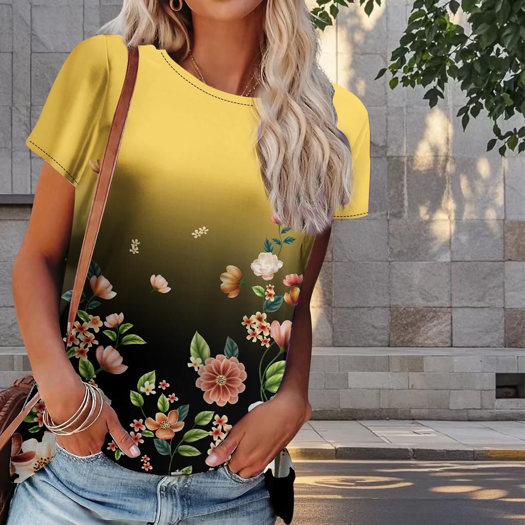 Damen Sommer T-Shirt Blumendruck Retro Mode Kurzarm T-Shirts Casual Printed Tops