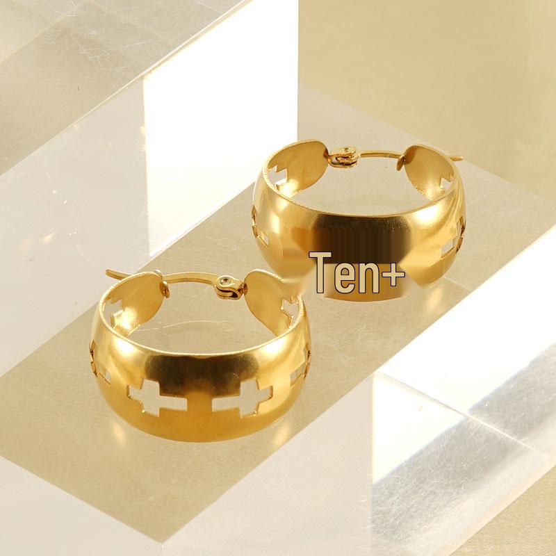 2023 European & American Fashion Titanium Steel Hollow Round Cross Earrings, 18k Women's Style