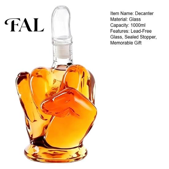 Cool Bourbon Decanter for Men 3D Middle Finger Whiskey Decanter, 1000ml Lead-free Glass Spirit Bottle with Creative Glassware Fathers Day
