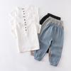 Kids' Summer Cotton Linen Two-Piece Set - Short Sleeve Top & Joggers