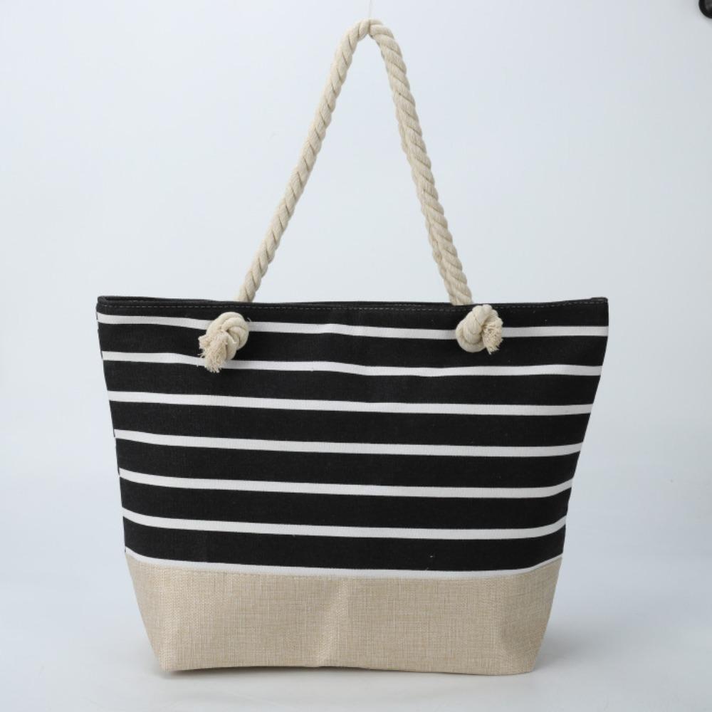 Striped Beach Tote Bag Canvas Foldable Travel Handbag Large Capacity Zipper Gym Grocery Vacation Bags