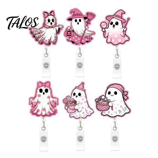 Pink Glitter Badge Reel Halloween Ghost Reel, Acrylic Retractable Holder Clip, Cute Heavy Duty ID Name for Women Nurse Teacher Medical Office