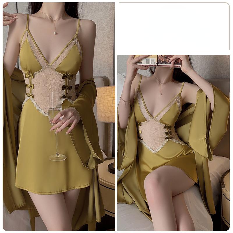Sexy ryggløs forførende dyp V komfortabel pyjamas sløyfe stropp pyjamas kjole hjemme dress