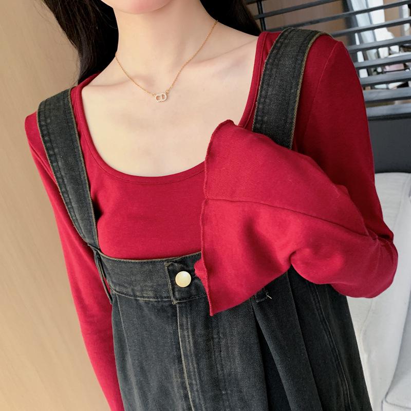 2026 Spring Maternity Set: Washed Denim Overalls & Bell Sleeve Layered Top Large