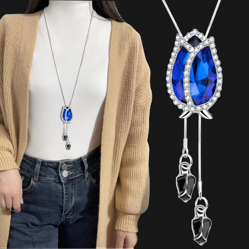 Tulip Crystal Tassel Pendant Long Necklace - Autumn/Winter Versatile Sweater Chain синий
