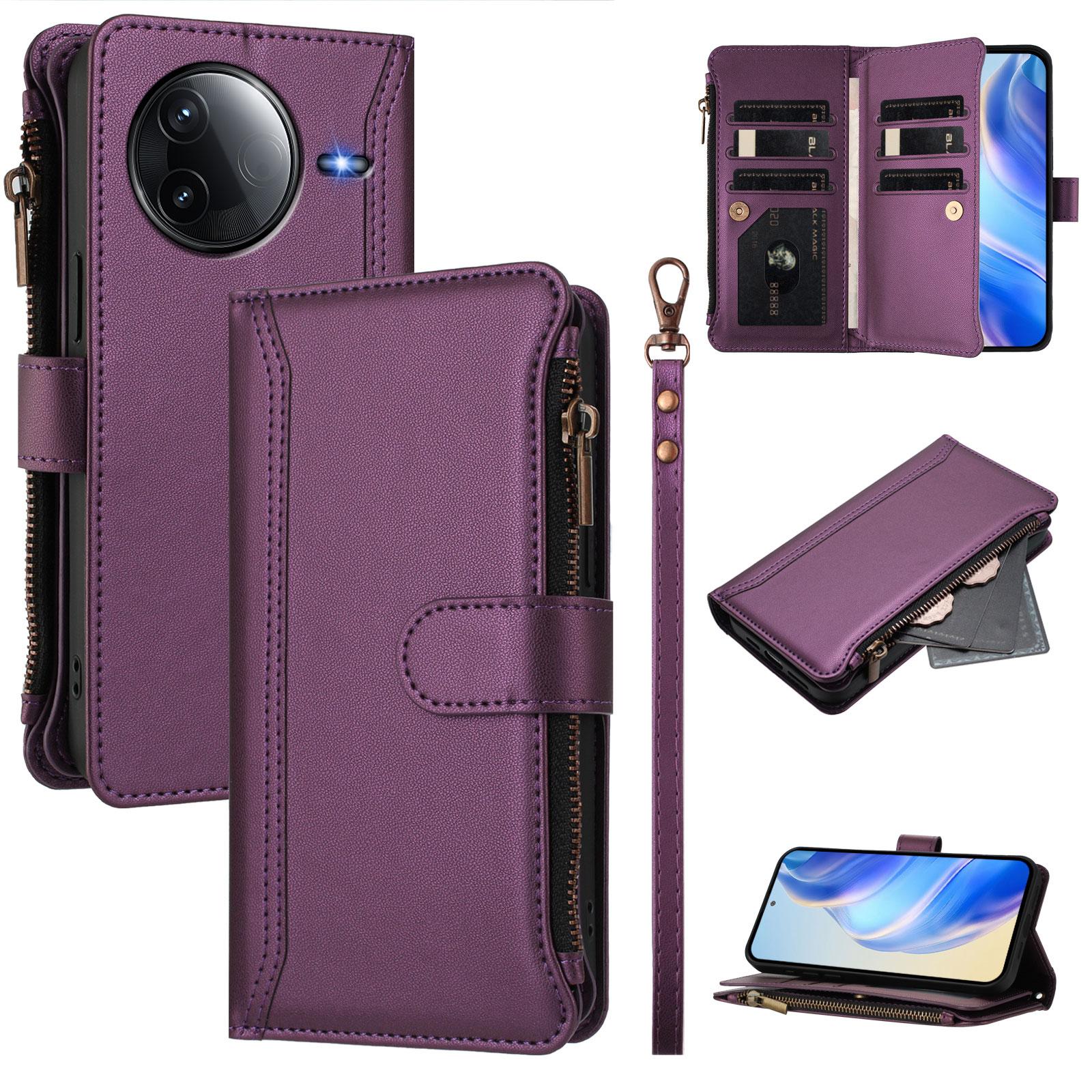 

For Xiaomi Redmi K80 Pro 5G/Xiaomi Redmi K80 5G Leather Case 9 Card Slots Zipper Wallet Stand Phone Cover with Wrist Strap Purple