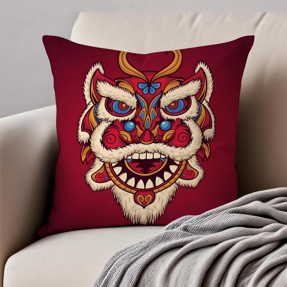 Traditional Dancing Lion Anime Lucky Cushion Cover Pillowcase Antidustmite Invisible Zipper Short Plush Sofa Cushion