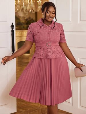 Turn Down Collar Short Sleeve Lace Patchwork High Waist A Line Pleated Office Work Dresses for Women