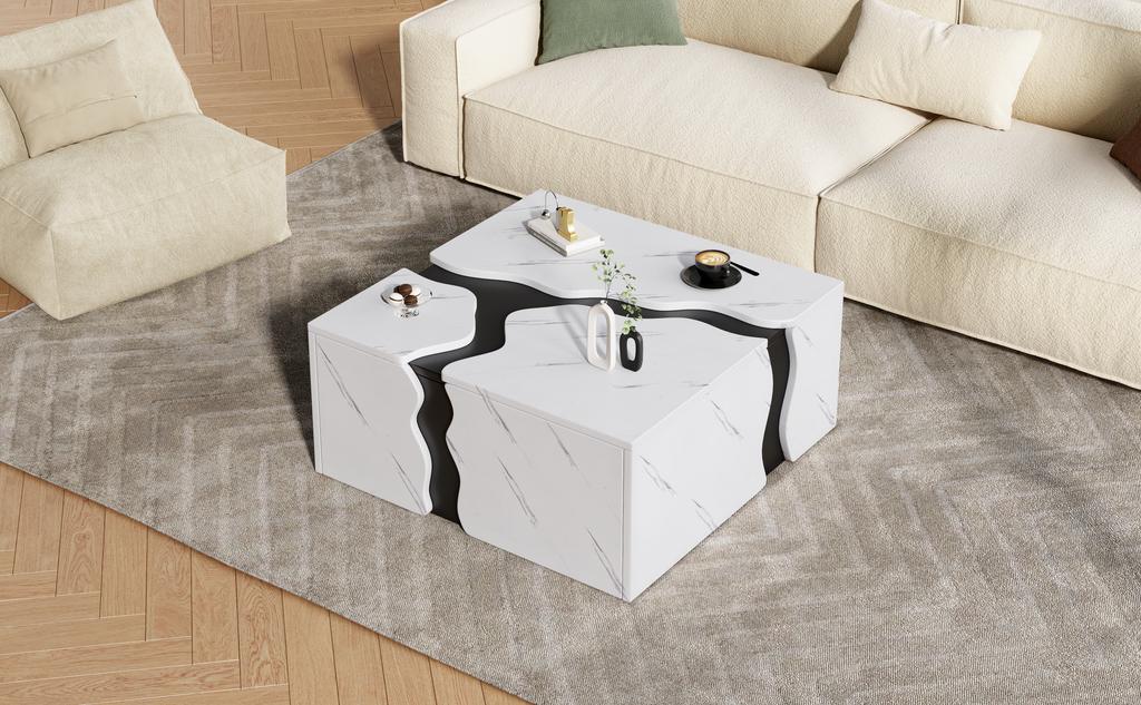 Table Basse de Salon, 70 x 70 x 31 cm, Design Géométrique en Forme de Cube, Table d'Appoint avec Tiroir, Table avec Placage Marbre de Forme Unique