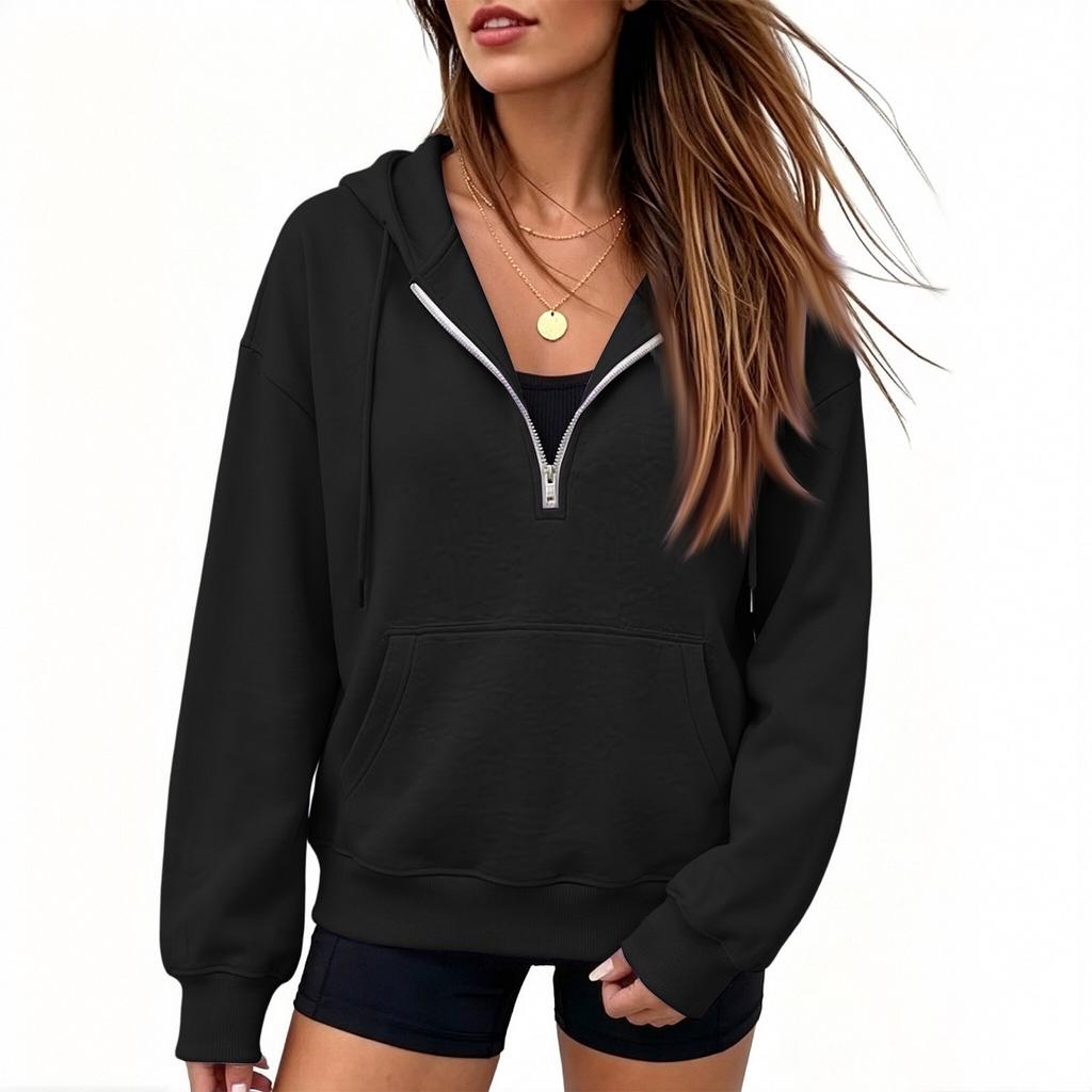 Women's Half Zip Hoodie Long Sleeve Color Thick Lined Sweatshirt for Fall