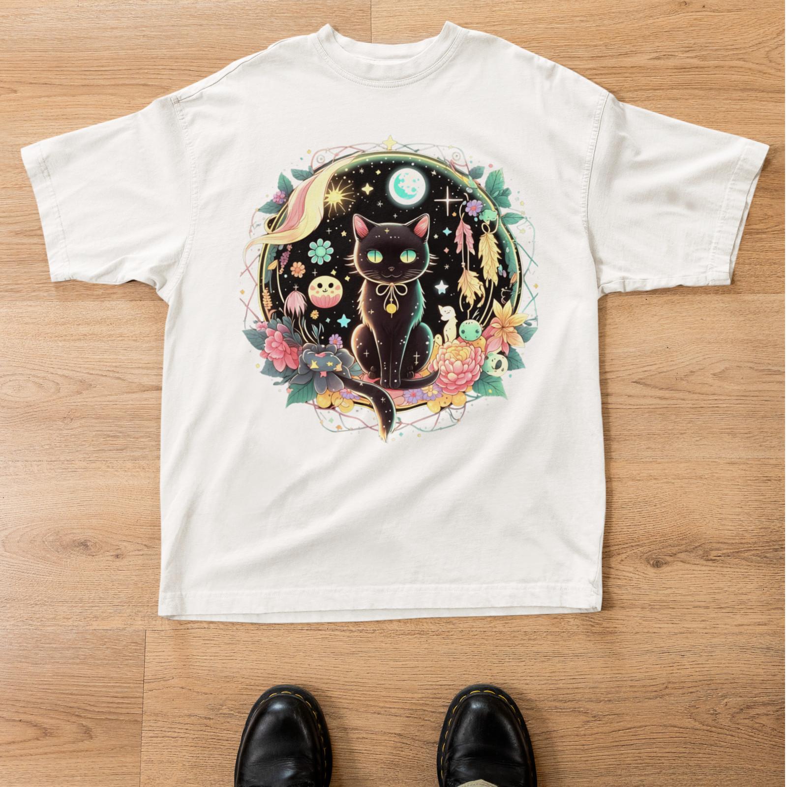 Moon Phases Crystal Witchy Black Cat Shirt Kawaii Pastel Goth Tee M