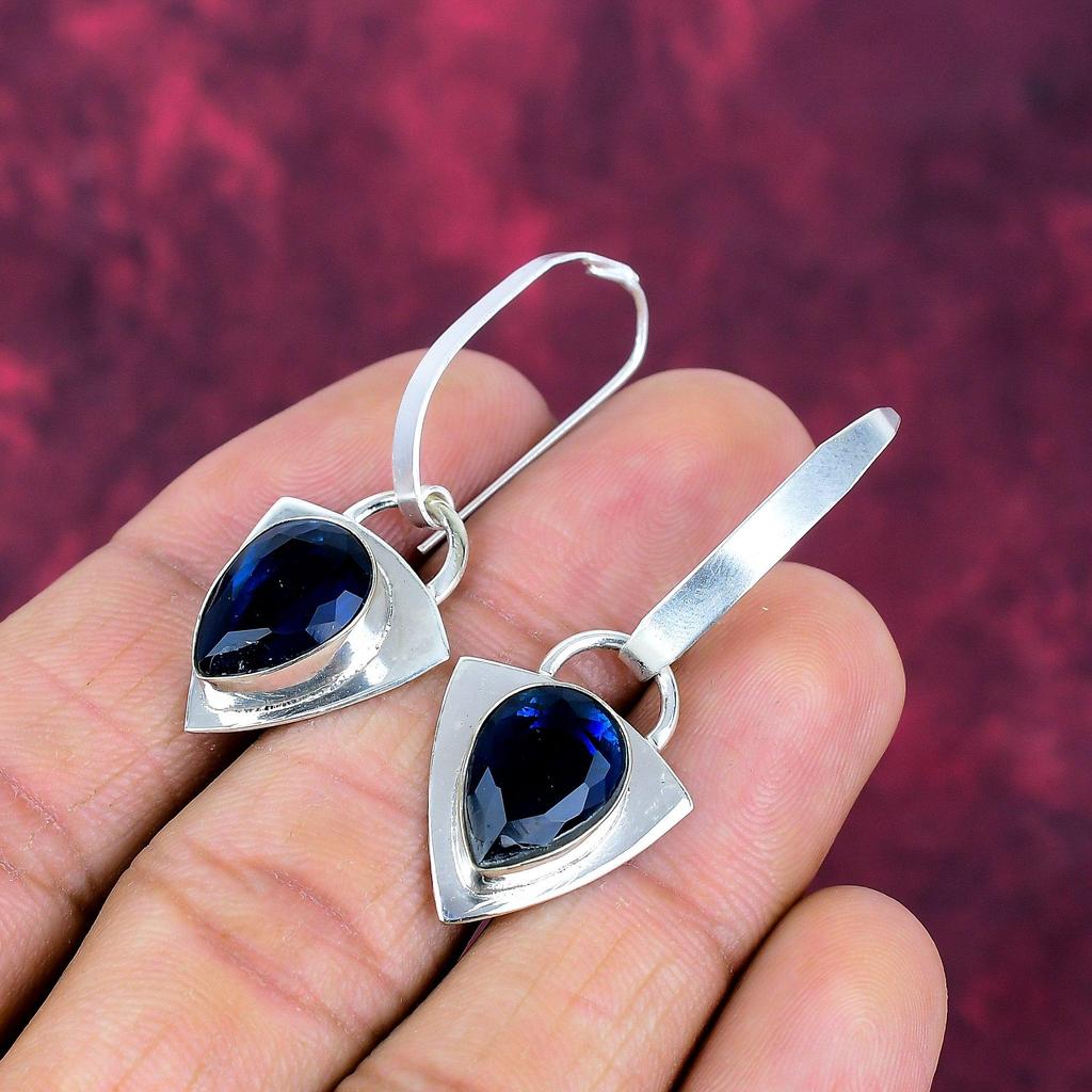 Blue Sapphire Earrings, Handmade Gemstone Earrings, 925 Solid Sterling Silver Earrings Antique Jewelry, For Engagement Gift