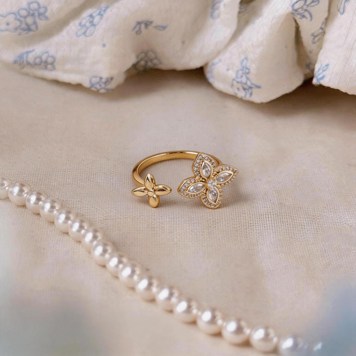 Zircon Clover Flower Open Ring - Luxury High-end Women s Ring - Four-leaf Clover Ring
