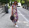 Women Summer High Waist A Line Dress Ethnic Printed Short Sleeve Lace Up
