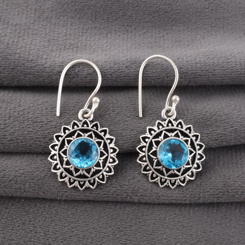 Swiss Blue Topaz Earring Gemstone Earring, 925 Solid Sterling Silver Earrings Jewelry Handmade Earrings, Silver Jewelry For Gift