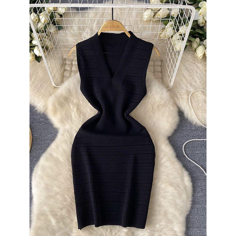Adult Lady Like Woman Elegance Sleeveless Vest Dress Women's Stylish V Neck Elastic Slim Fit Slimming Sheath Bottom Knitted Dress