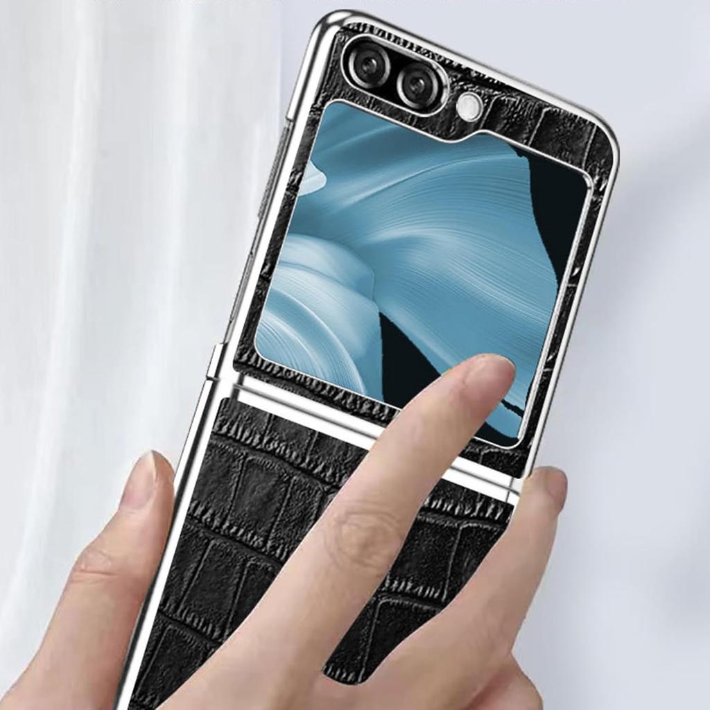 Slim Case for Samsung Galaxy Z Flip 6, Light Luxury Genuine Leather Crocodile Pattern Business Phone Cover with Plating Frame Shockproof Case,Brown