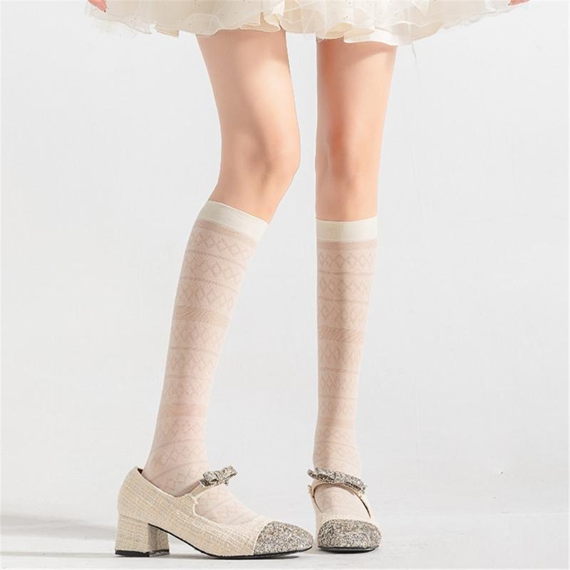 Women Elegant Thin Sheer Solid Color Silk Over Calf Socks Japanese Style Geometric Striped Pattern Knee Length Stockings