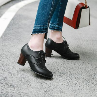 Fashion Women's Pump Shallow Brogue Shoe Vintage Chunky Heel Cut Out Oxford Shoes Woman Lace Up Female Fashion Elegant Ladies Short Boot