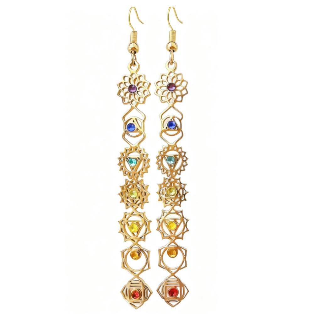 7 Chakra Drop Earrings Stainless Steel Chakras Earrings with Zircon Hindu Buddhism Yoga Meditation Jewelry Amulet Earrings