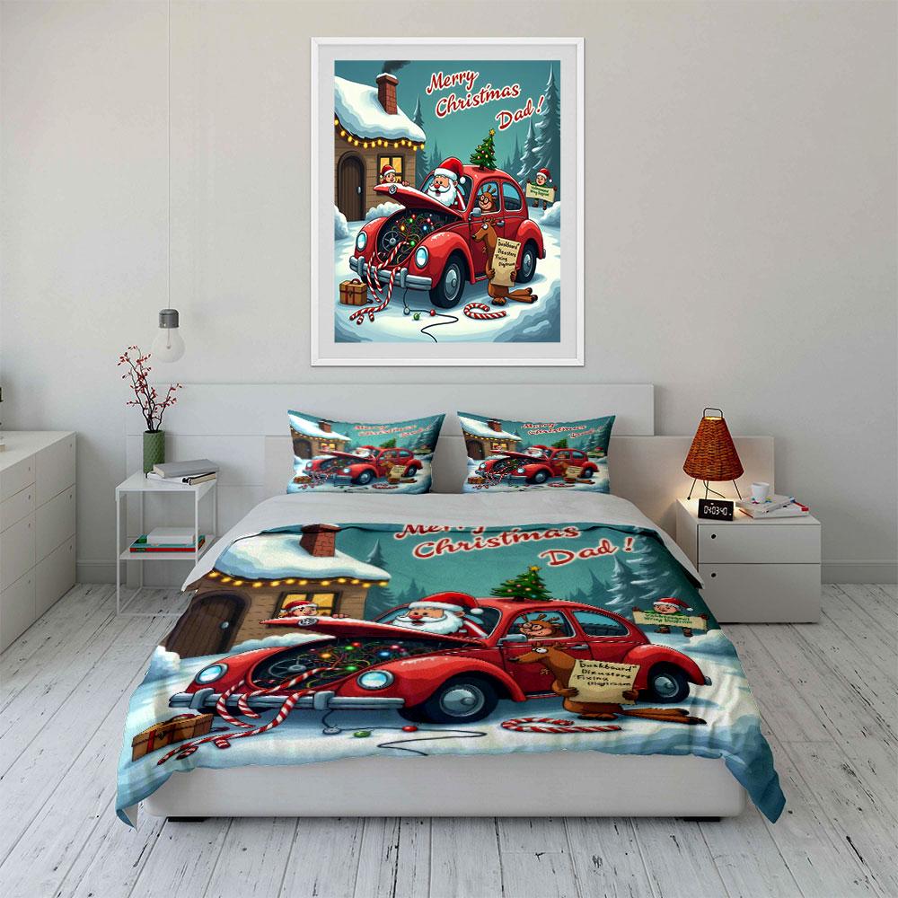 Christmas Car Repair Illustration Bedding Duvet Cover Set  (1*Duvet Cover 2*Pillowcases, Without Duvet Insert)