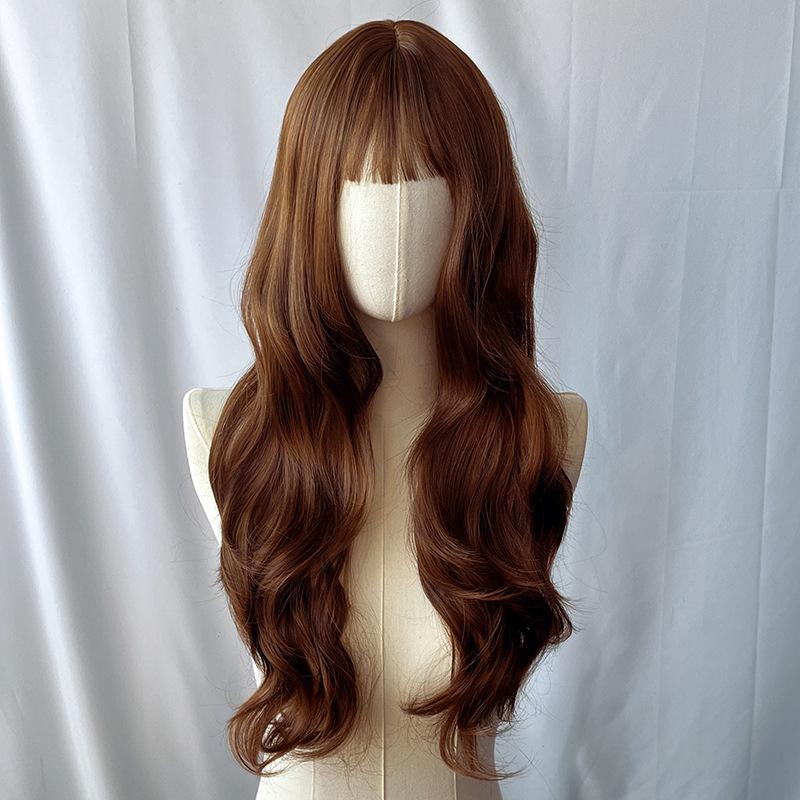 Japanese Korean Black Long Curly Hair Wig Women's Air Bangs Big Waves Synthetic Full Head Cover