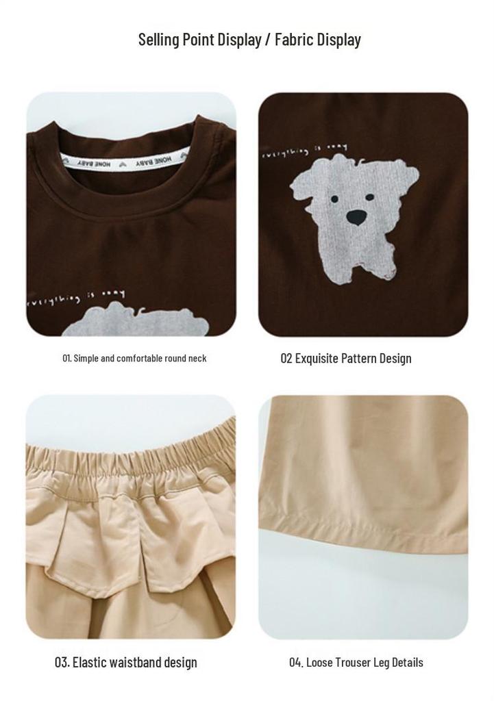 Huzhou Zhili Girls' Short Sleeve Puppy Print Top + Two-Piece Wide Leg Pants Set