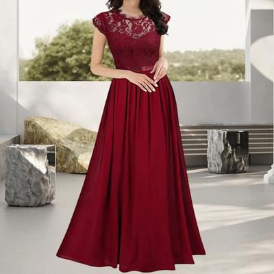 Women's Lace Maxi Dress Crew Neck Pleated Swing A-line Dress Mother of The Bride Long Dress for Wedding Party