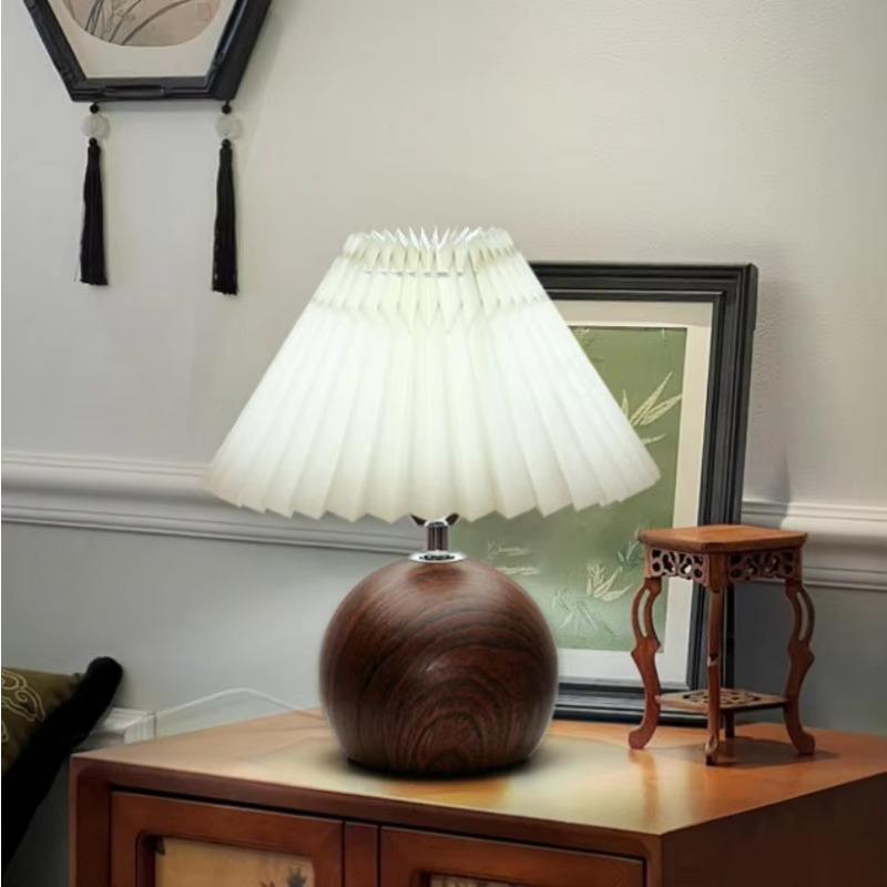 LED Bedside Table Lamp Cute Small Pleated Lamps for Nightstand Circular Walnut Ambient Light USB Bedroom Decoration Night Light