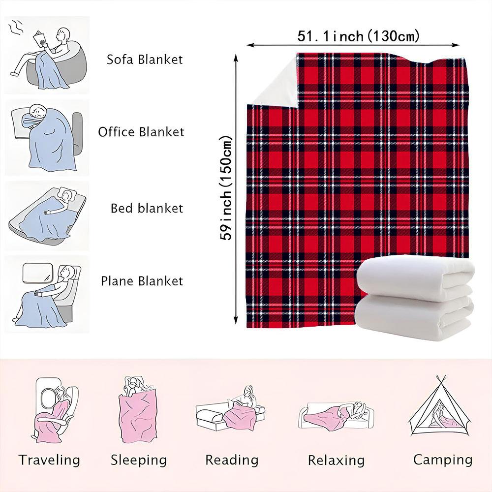 Classic Tartan Plaid Throw Blanket - Bright Red with Black & White Checkered Pattern, Symmetrical Traditional Design, Soft &
