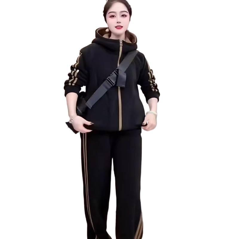 Korean High-End Casual Hoodie & Wide-Leg Pants Velvet Set