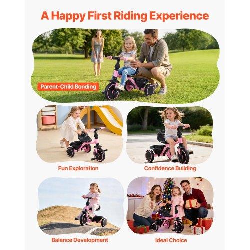 VEVOR Toddler Tricycle for 2-5 Year Old, Folding Kids Trike with Adjustable Seat, Storage, Carbon Steel Frame, Handlebar Grips for Outdoor Play