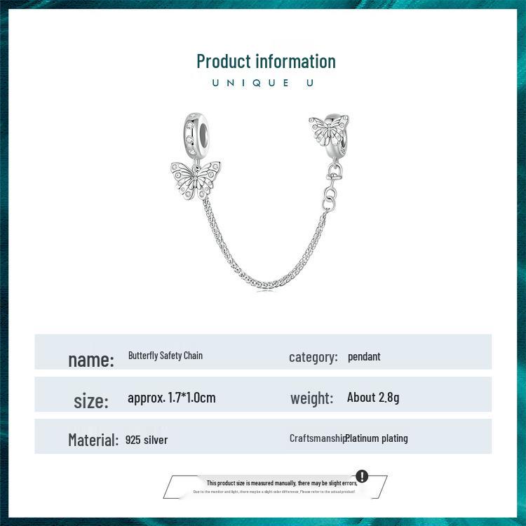 925 Sterling Silver Butterfly Safety Chain with Silicone Beads for DIY Bracelets