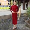 Long Sleeve Winter Cheongsam Dress Women Red Faux Cashmere Lined Vintage Style Maxi Qipao With Stand Collar Side Slit