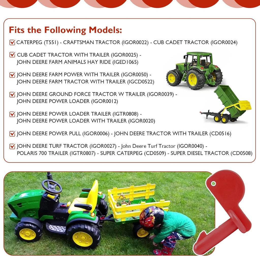 Trailer Hitch Pin Fits Peg Perego John Deere Farm Power Pull Turf Tractor Loader, Red Coupling Hitch Pin Replacement