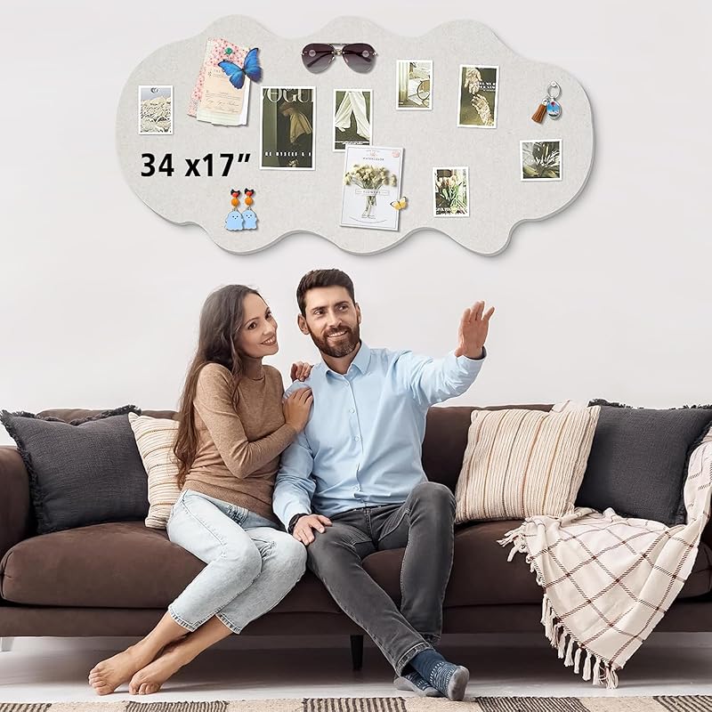 Cute Bulletin Board for Walls 34 x 17 Push Pin Board,Cloud Vision Boards Picture Board for Photos Decorative Cork Board for Office Felt Bulletin Cloud - Light Gray