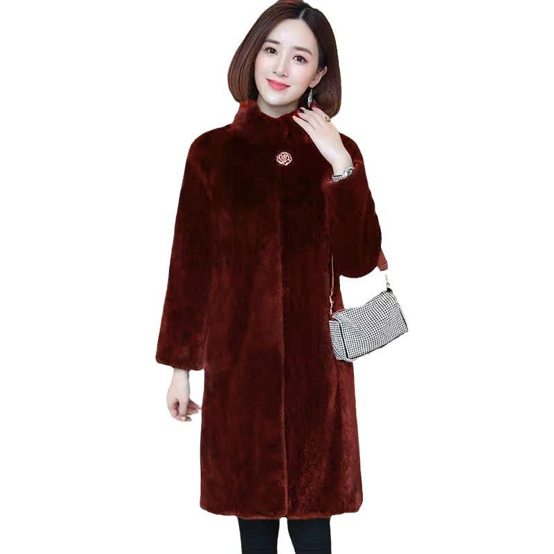 Autumn and winter fur coat women's mid-length imitation mink coat mink fleece plus size women's stand-up collar slim jacket
