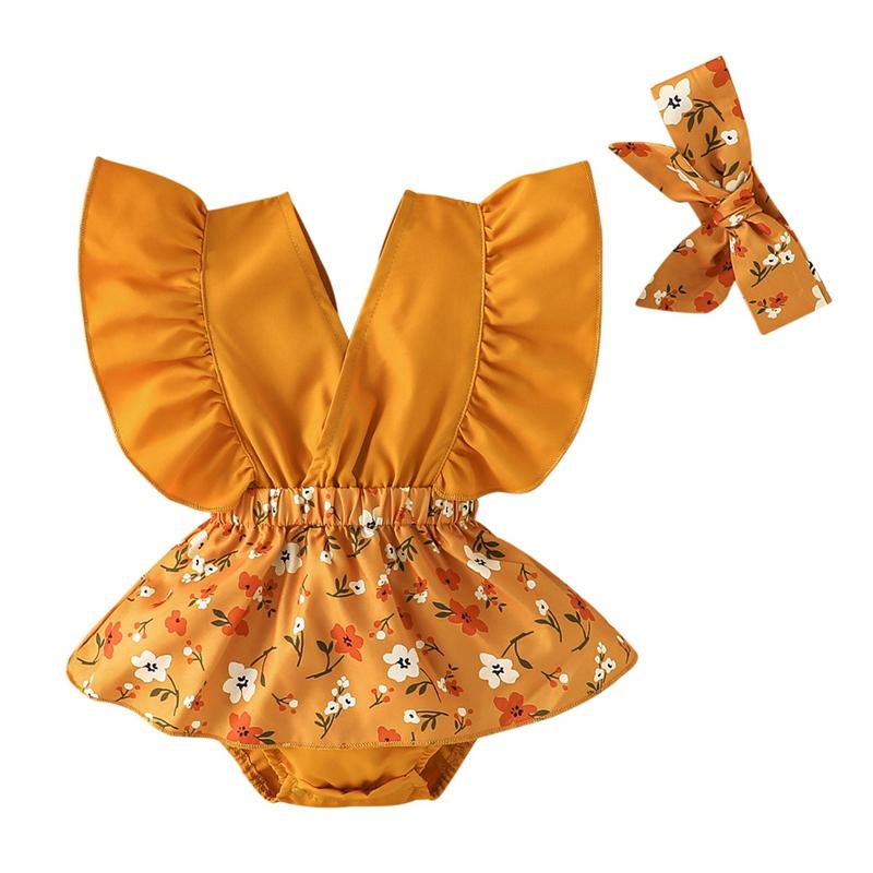 

Боди с цветочным принтом для маленьких девочек, платье, летний комбинезон с рукавами-крылышками и повязкой на голову, наряд из 2 предметов для новорожденных девочек