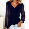 2026 European & American Women's Solid V-neck Mesh Rhinestone Long Sleeve T-shirt