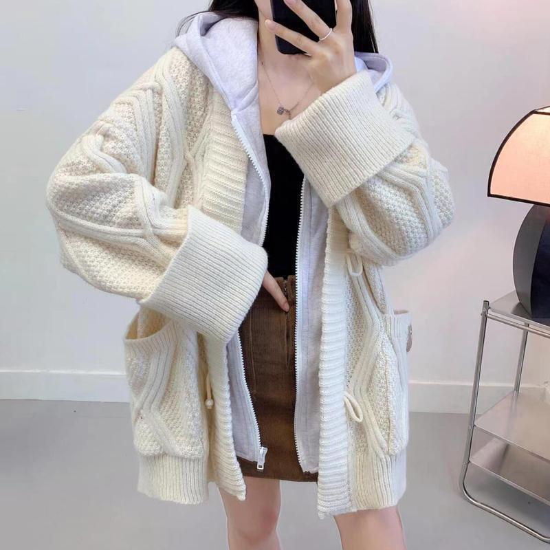 

Knitted Cardigan Sweater Coat: Women s Fake Two-Piece, Preppy Style, Thick, Lazy Design for Spring, Autumn, Winter. L