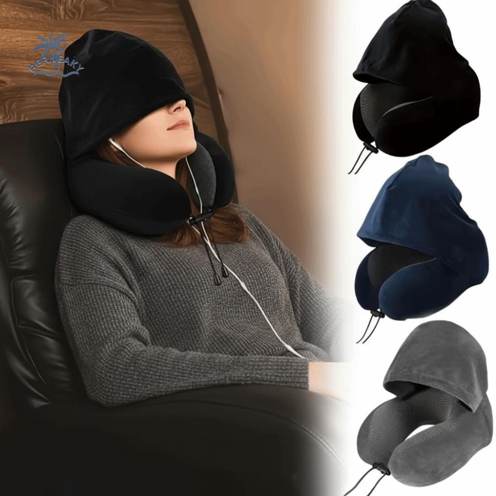Removable Travel Neck Pillow Adjustable with Storage Bag Hooded Pillow Soft Support Washable Cover U-shaped Pillow with Cap