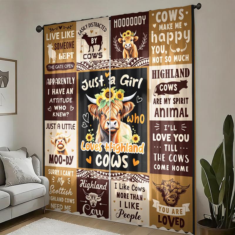 Highland Cow Pattern Curtains 2-Piece Set Pastoral Style Fun Quote Printed Curtains Living Room Bedroom Home Decor Curtains