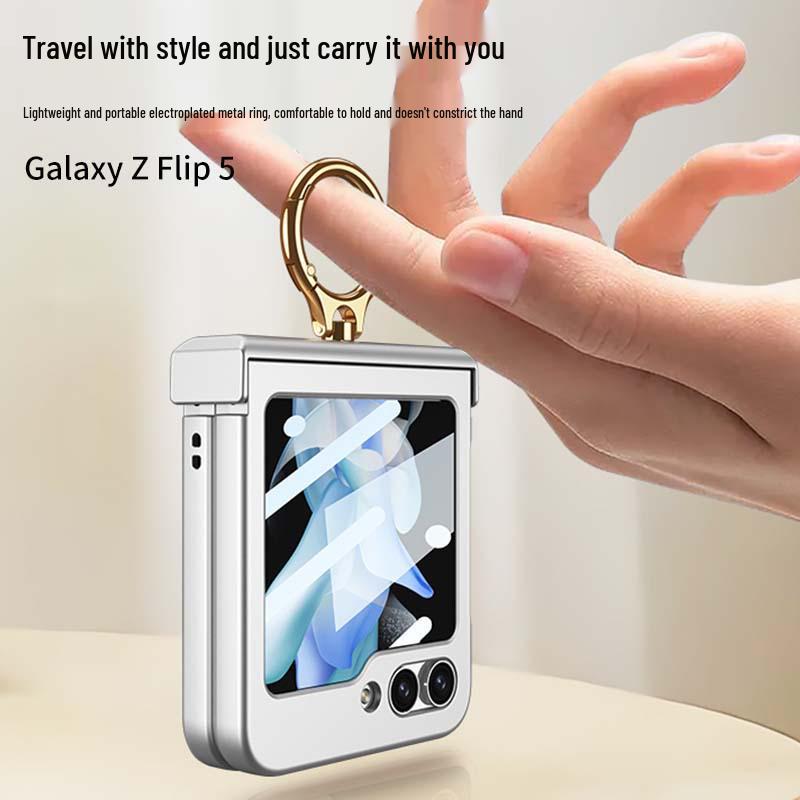 GKK Samsung Z Flip5 Full Coverage Frosted Case with Finger Ring Buckle & Small Folding Hinge.