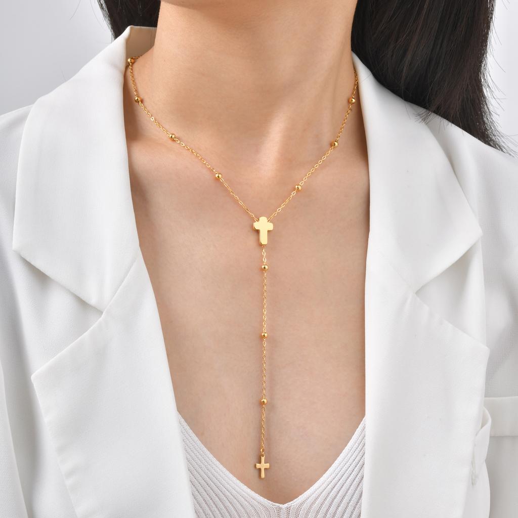 Wind-Plated 18K Gold Stainless Steel Bead Chain Cross Y-Shaped Necklace Female Nc-2522