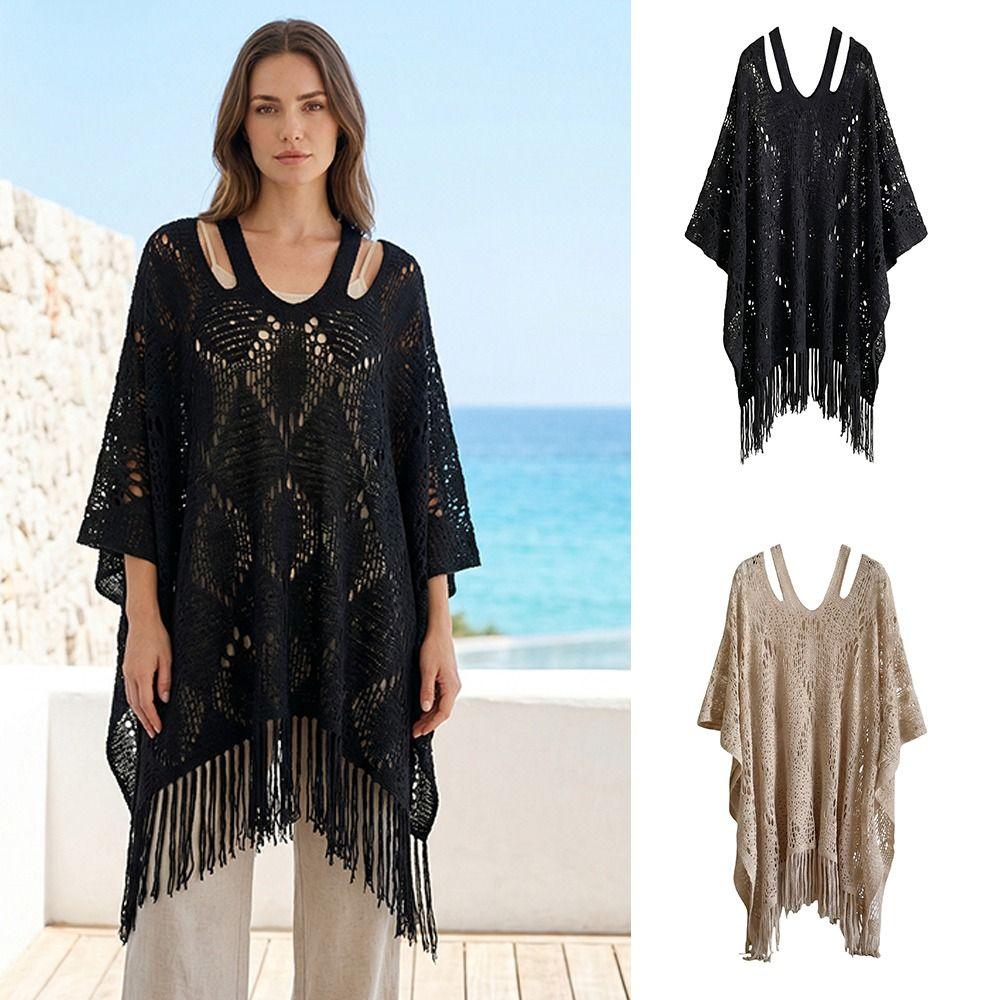 Tassels Bohemian Shawl Plus Size Crochet Top Women Casual Knit Hollow Out Top Streetwear