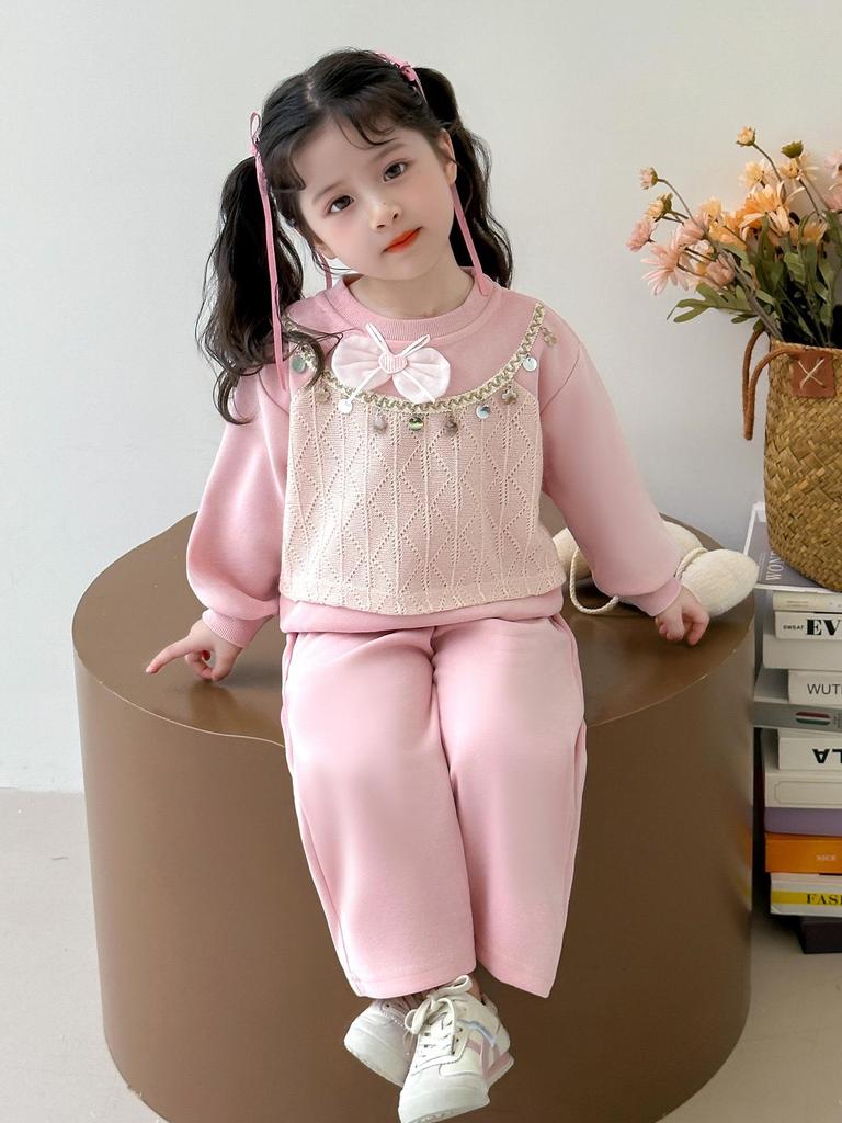 Stylowy dwuczęściowy zestaw dla dziewczynek: Top z długim rękawem i cekinami oraz spodnie na jesień/wiosnę