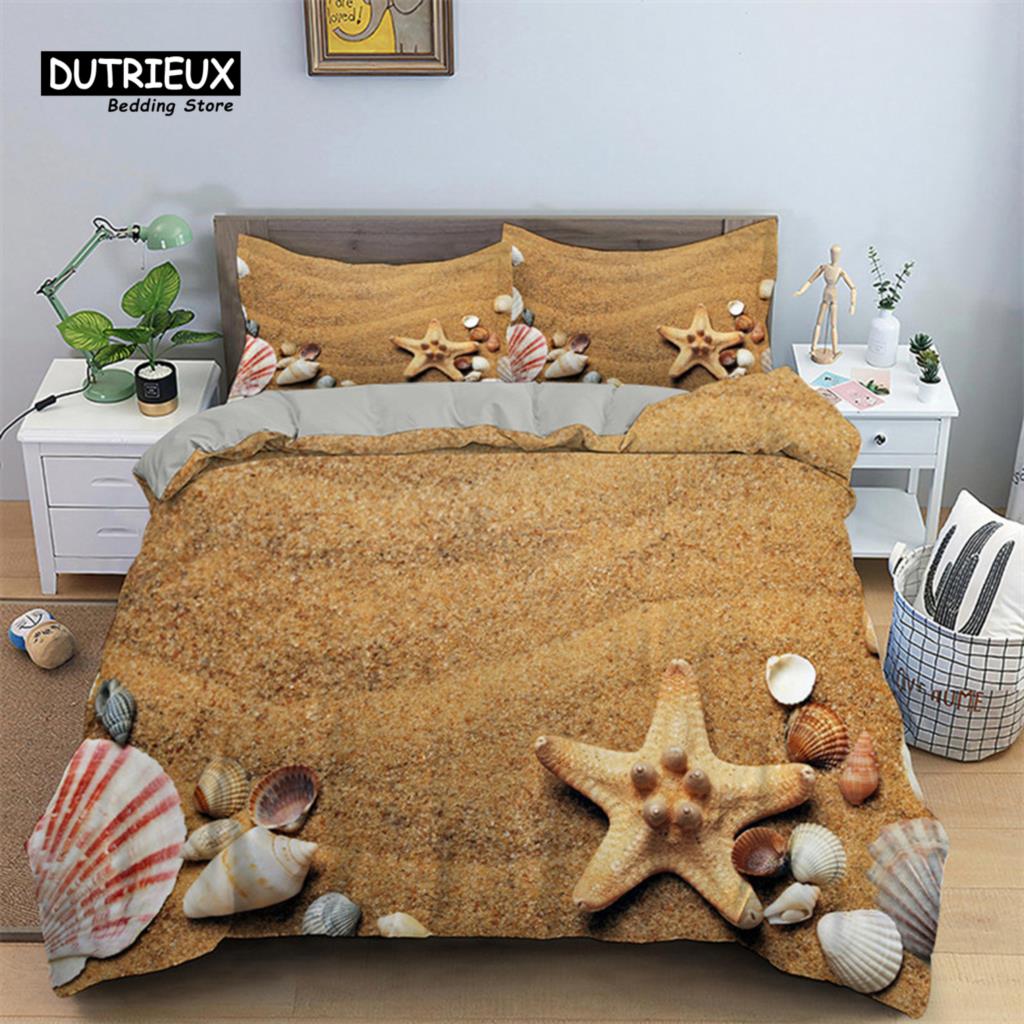 Seestern Muschel Strand Bettwäsche Set Mikrofaser Küste mit Sand mit buntem verschiedenen Muscheldruck Bettbezug Schlafzimmerdeko