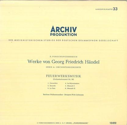 10inch Record FRITZ LEHMANN, BERLINER PHILHARMONI - Handel Feuerwerksmusik 13012 ARCHIV PRODUKTI 1962 Germany Classical Used