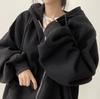 Hoodie with Fleece Loose Harajuku Long Sleeve Top for Fall and Winter QYY-1 Women's Zip-Up Lining, Thick, Warm, Stylish, Casual, Fit, Oversized,